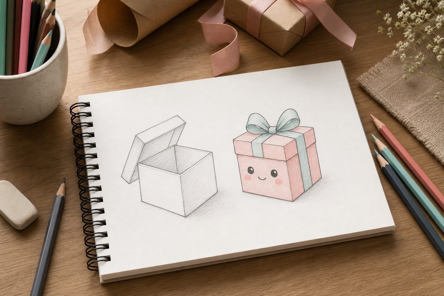Dessiner une boîte ouverte et un cadeau kawaii sans compliquer le volume