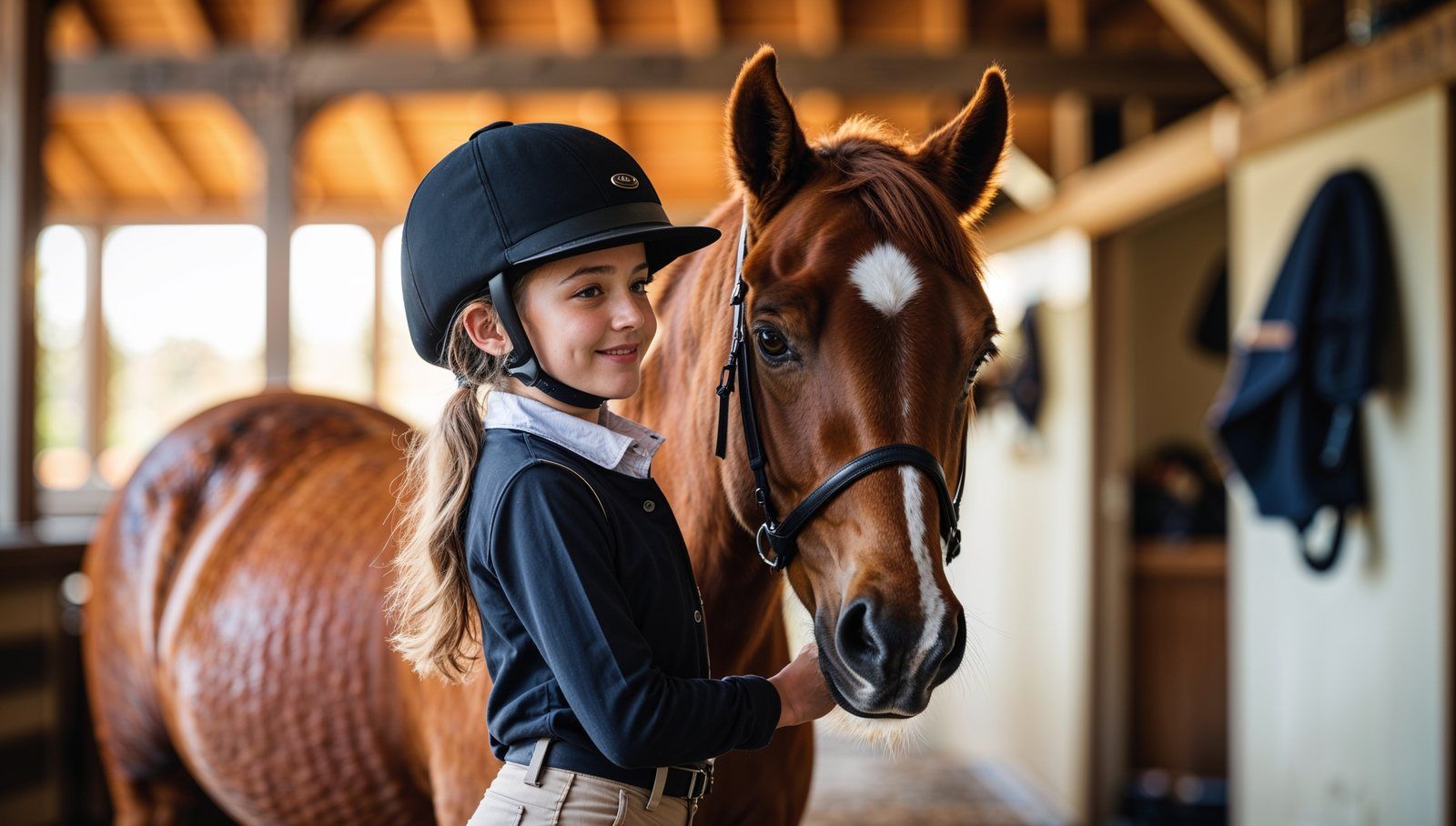 Jeune cavalière équipée dans un centre équestre