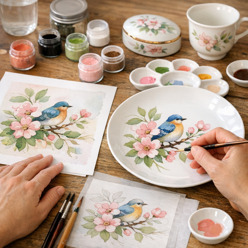 Comment adapter un modèle gratuit pensé pour le papier ou l’aquarelle à la porcelaine